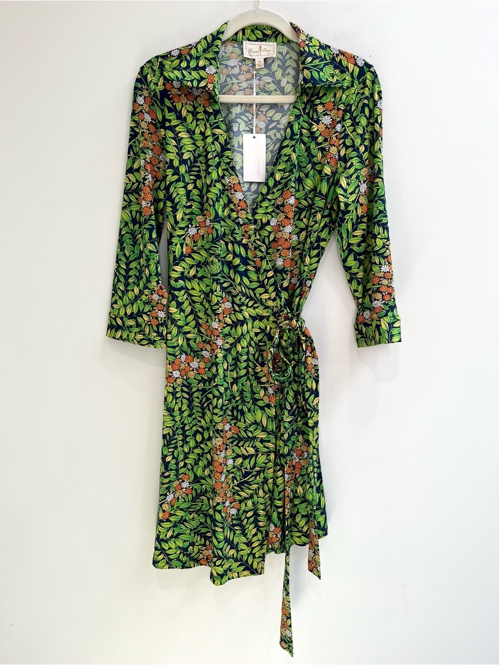 Flora Bea NYC "Milo" wrap dress vibrant green orange floral botanical print XL